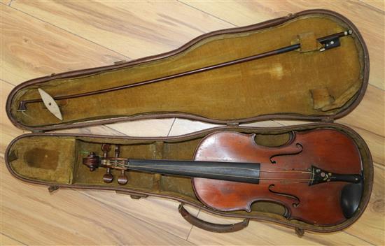 A 19th century violin by Louis Jolly, with bow cased Length 62cm